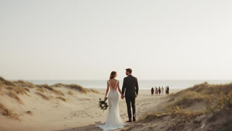 Bride and groom exchange vows on Zandvoort beach with registrar and guests