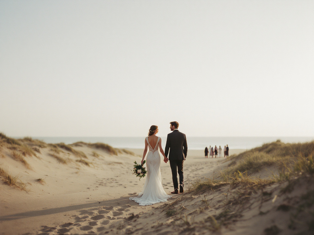 Bride and groom exchange vows on Zandvoort beach with registrar and guests