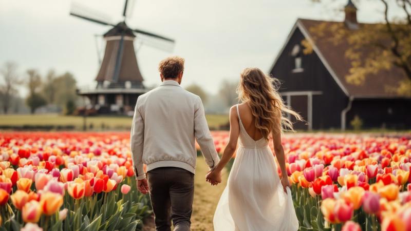 Bride and groom in a tulip field during a spring wedding in the Netherlands
