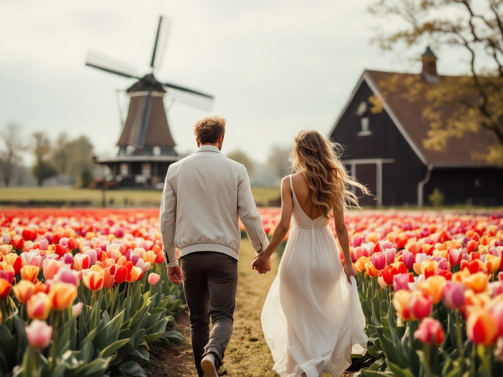 Bride and groom in a tulip field during a spring wedding in the Netherlands
