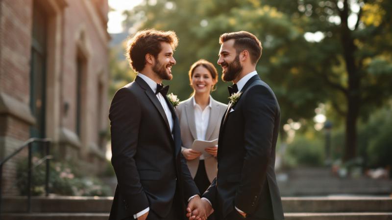 Two grooms on the steps of a Dutch city hall, laughing and holding hands during their same-sex marriage ceremony.