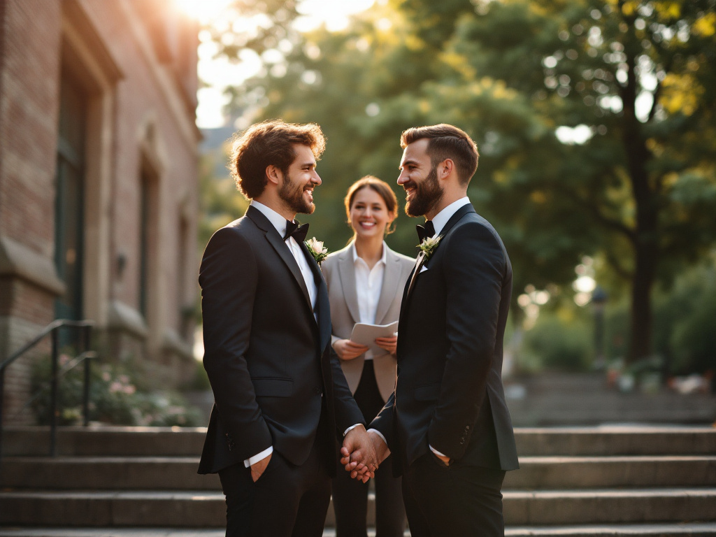 Two grooms on the steps of a Dutch city hall, laughing and holding hands during their same-sex marriage ceremony.