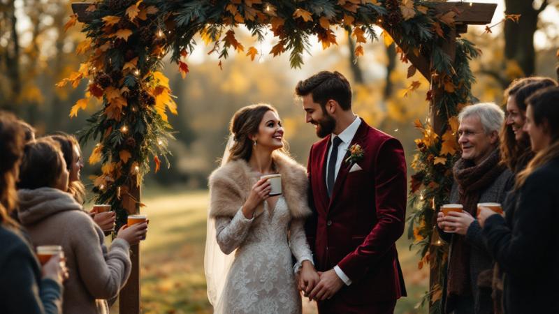 Bride and groom under a wooden arch with autumn leaves and fairy lights at a fall wedding