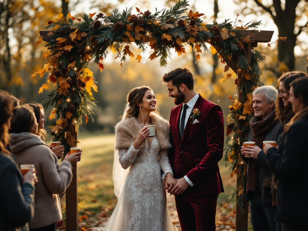 Bride and groom under a wooden arch with autumn leaves and fairy lights at a fall wedding