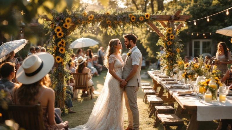 Bride and groom under a floral arch with sunflowers at a summer garden wedding in the Netherlands