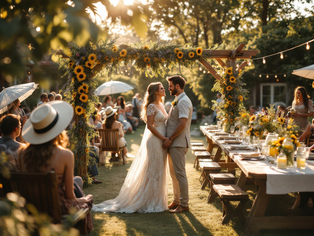 Bride and groom under a floral arch with sunflowers at a summer garden wedding in the Netherlands