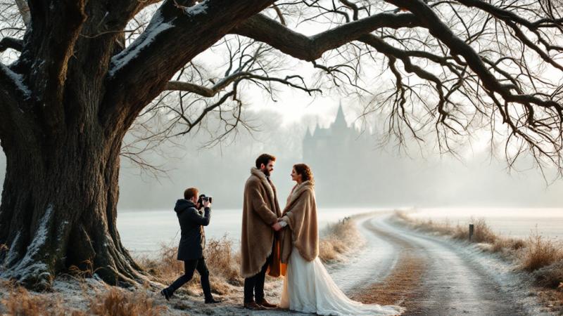 Bride and groom under snow-dusted tree at winter wedding venue in the Netherlands