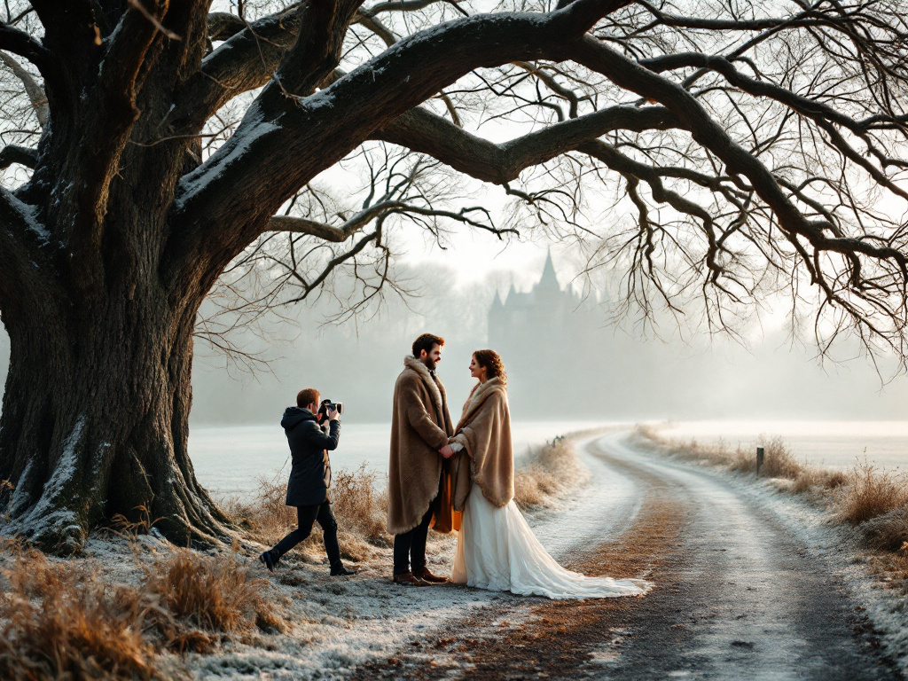 Bride and groom under snow-dusted tree at winter wedding venue in the Netherlands