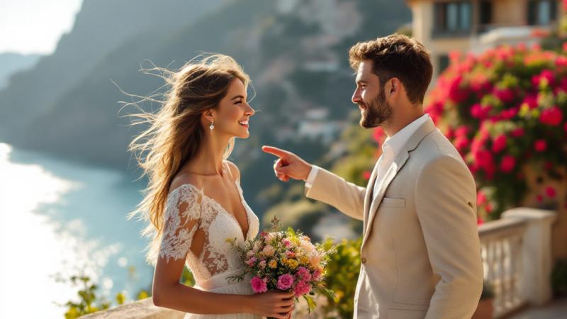 Couple on a terrace overlooking the Amalfi Coast, Italy, during their wedding preparations in July 2026