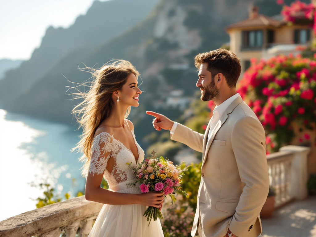 Couple on a terrace overlooking the Amalfi Coast, Italy, during their wedding preparations in July 2026