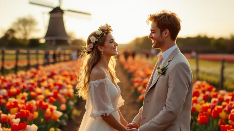 Couple laughing in a tulip field at sunset, spring wedding venue in the Netherlands
