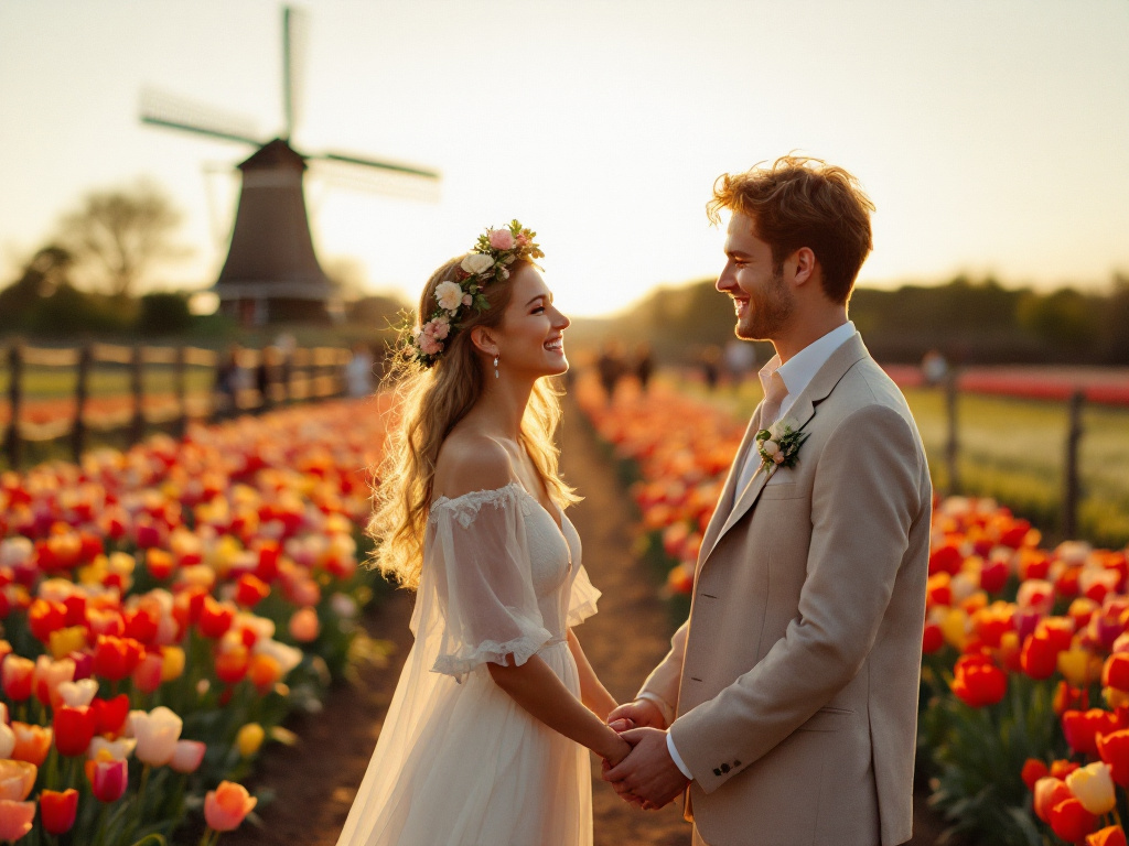 Couple laughing in a tulip field at sunset, spring wedding venue in the Netherlands
