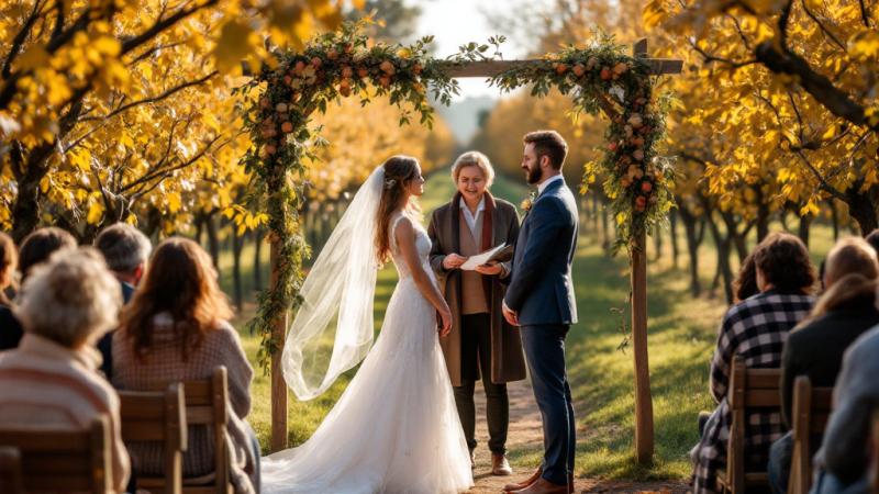 Couple marries in an autumn apple orchard with golden leaves and guests on wooden benches