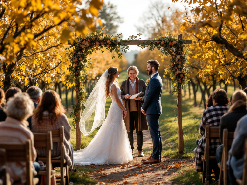 Couple marries in an autumn apple orchard with golden leaves and guests on wooden benches
