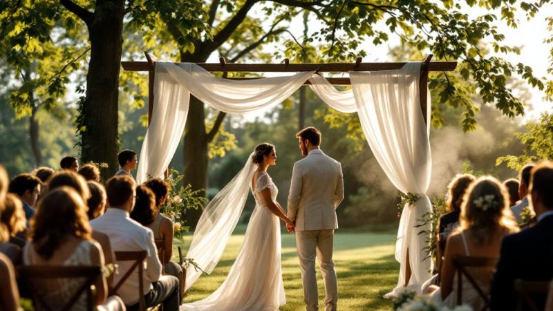 Bride and groom in lightweight wedding attire under a pergola with shade during a summer wedding in the Netherlands.