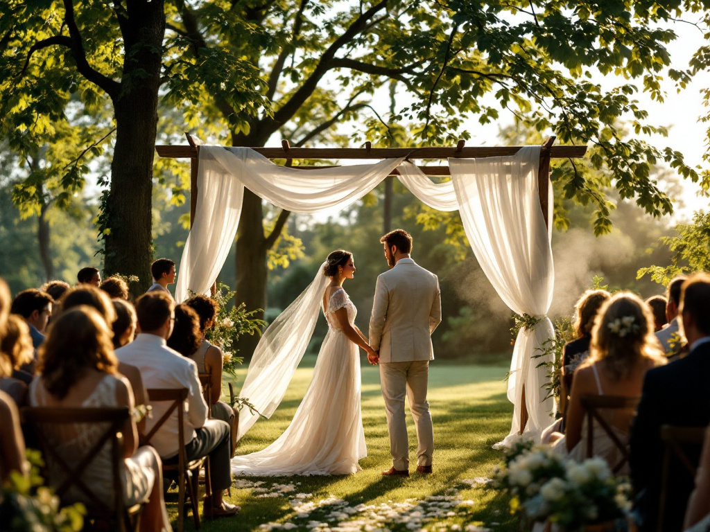Bride and groom in lightweight wedding attire under a pergola with shade during a summer wedding in the Netherlands.