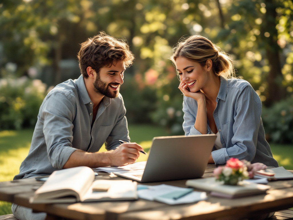 Couple planning wedding budget in sunny garden with laptop and notes