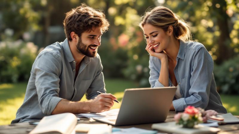 Couple planning wedding budget in sunny garden with laptop and notes
