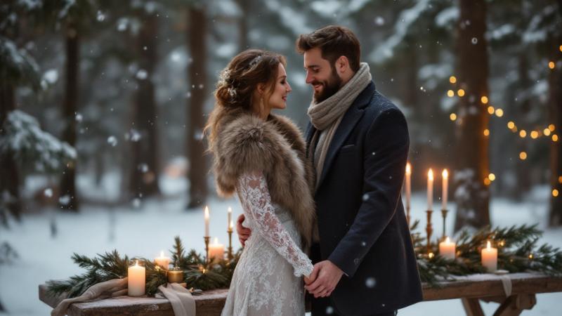 Bride and groom in snowy forest with pine branches and candlelight at winter wedding