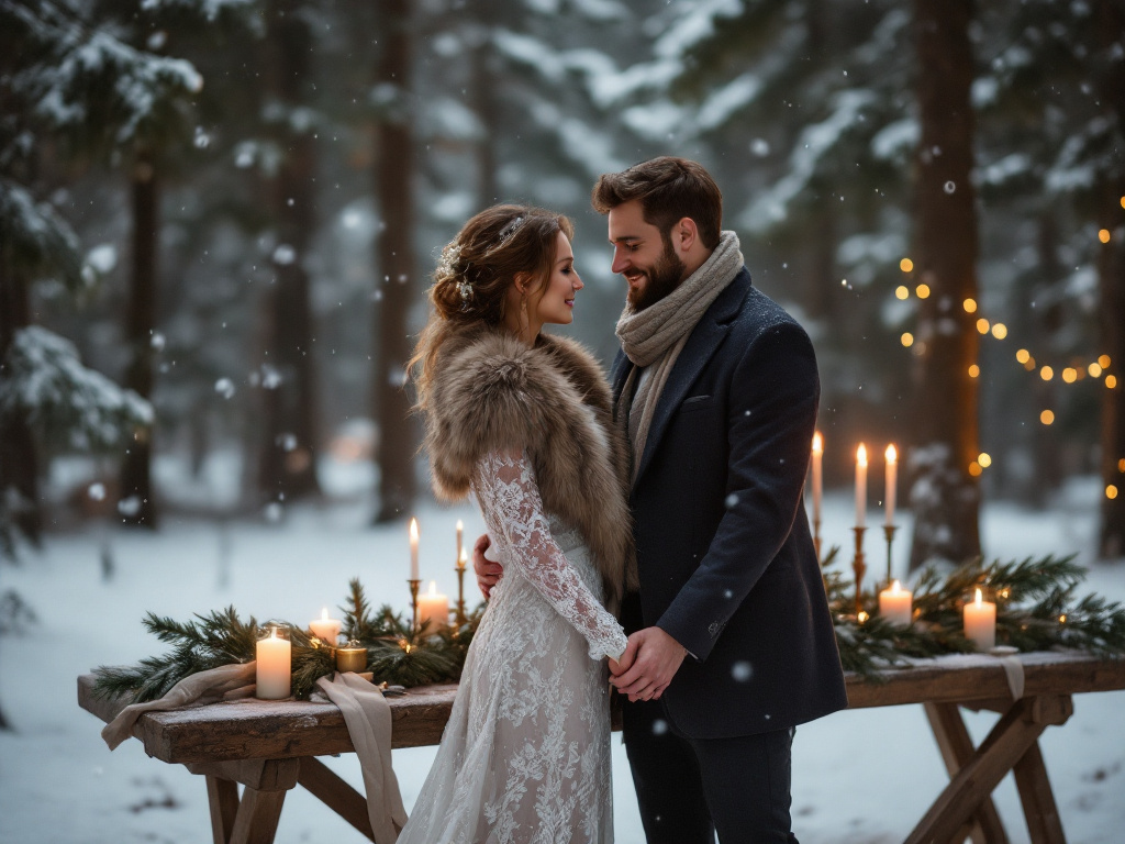 Bride and groom in snowy forest with pine branches and candlelight at winter wedding