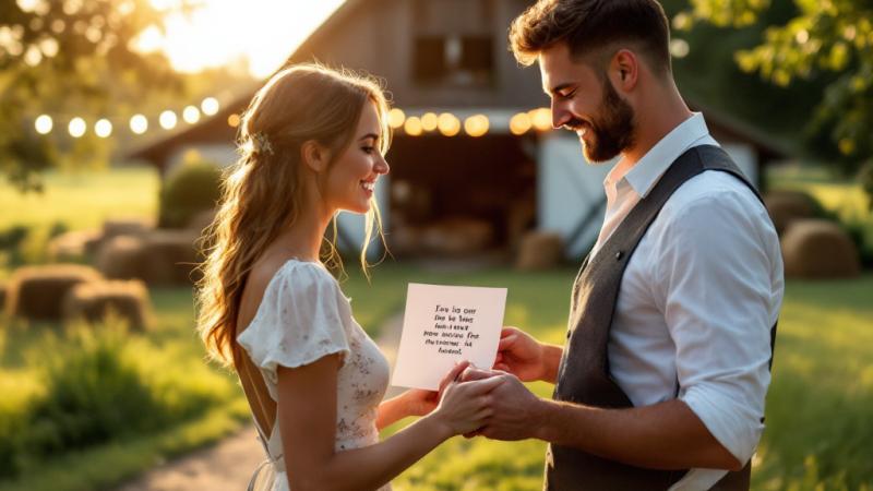 Couple reviewing a wedding venue quote in a rustic barn with summer light