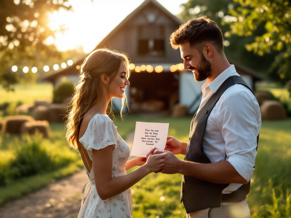 Couple reviewing a wedding venue quote in a rustic barn with summer light