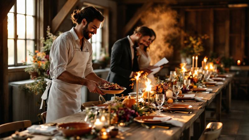 Bride and groom with a caterer arranging autumn dishes on a long table decorated with pumpkins and autumn leaves.