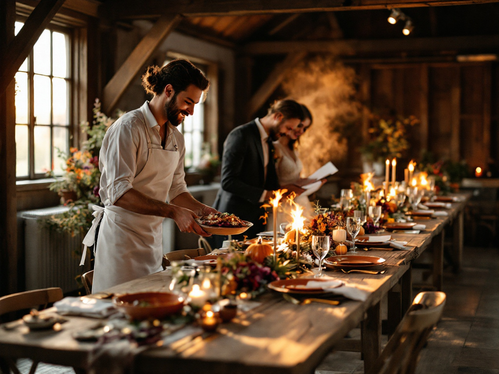 Bride and groom with a caterer arranging autumn dishes on a long table decorated with pumpkins and autumn leaves.