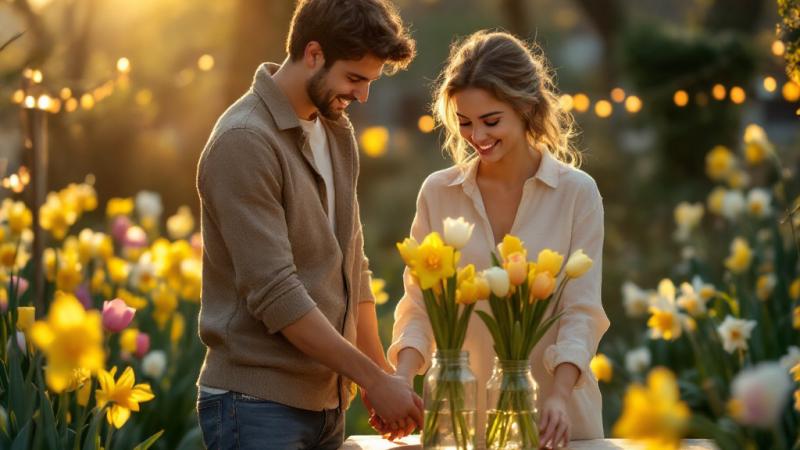 Couple arranging spring wedding decoration with tulips in glass jars in a Dutch garden