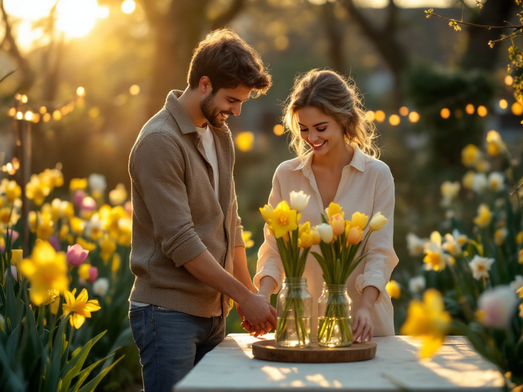 Couple arranging spring wedding decoration with tulips in glass jars in a Dutch garden