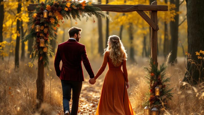 Bruidspaar wandelt door herfstbos met decoratie van bladeren en lantaarns