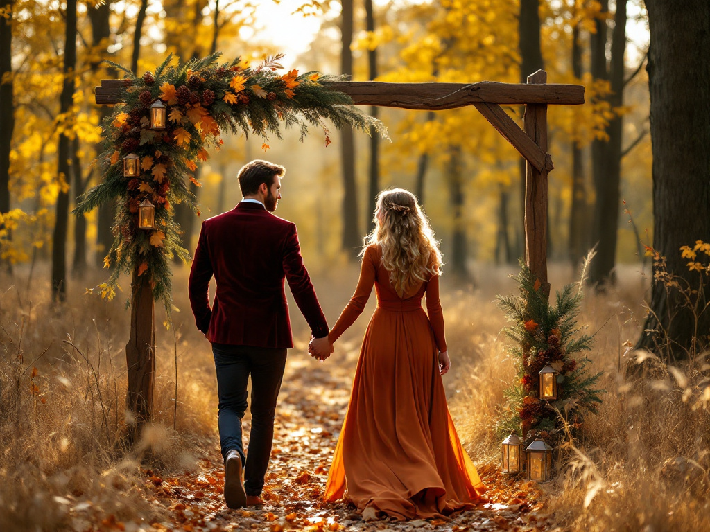 Bruidspaar wandelt door herfstbos met decoratie van bladeren en lantaarns