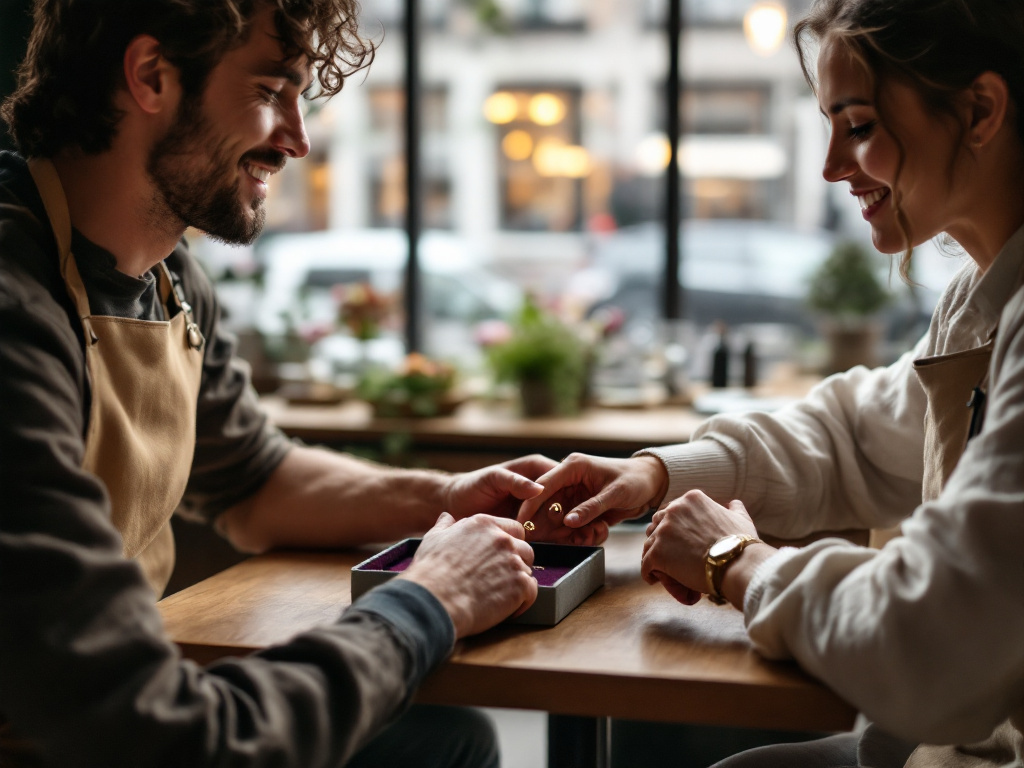 Stel bekijkt trouwringen in een Amsterdamse juwelierszaak bij een houten tafel met een fluwelen ringdisplay.