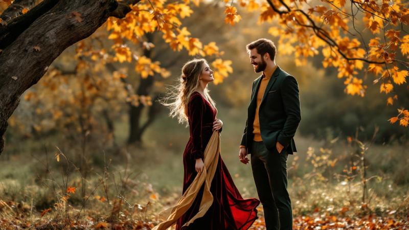 Bruidspaar in herfstoutfit onder een gouden herfstboom in Nederland