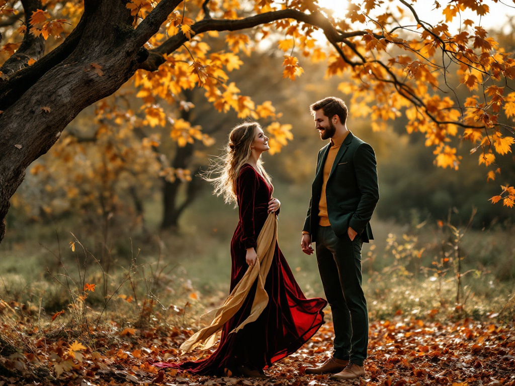 Bruidspaar in herfstoutfit onder een gouden herfstboom in Nederland