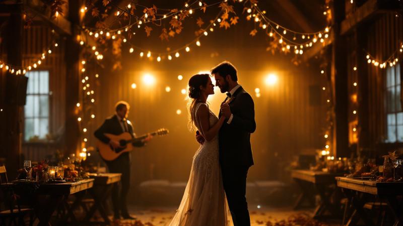 Bruidspaar danst tijdens herfstbruiloft met live muziek in een sfeervolle Nederlandse schuur