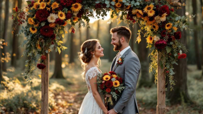 Bruidspaar onder een bloemenboog met herfstbloemen in een Nederlands bos tijdens zonsondergang
