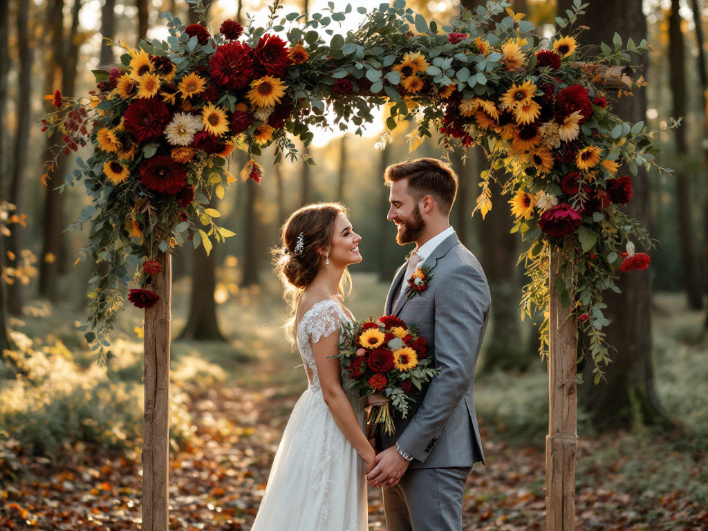 Bruidspaar onder een bloemenboog met herfstbloemen in een Nederlands bos tijdens zonsondergang