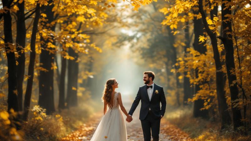 Bruidspaar lachend onder gouden herfstbladeren in een Nederlands bos