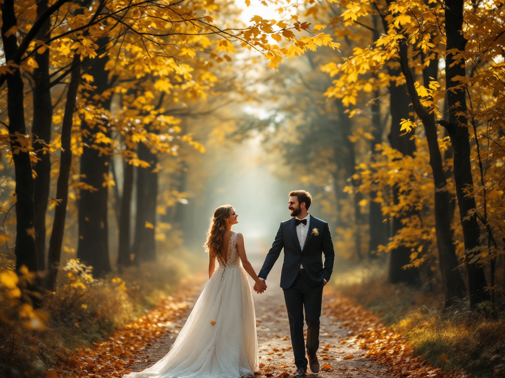 Bruidspaar lachend onder gouden herfstbladeren in een Nederlands bos