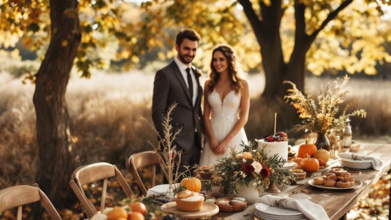 Autumn table with seasonal desserts like pumpkin pies and donuts for a fall wedding