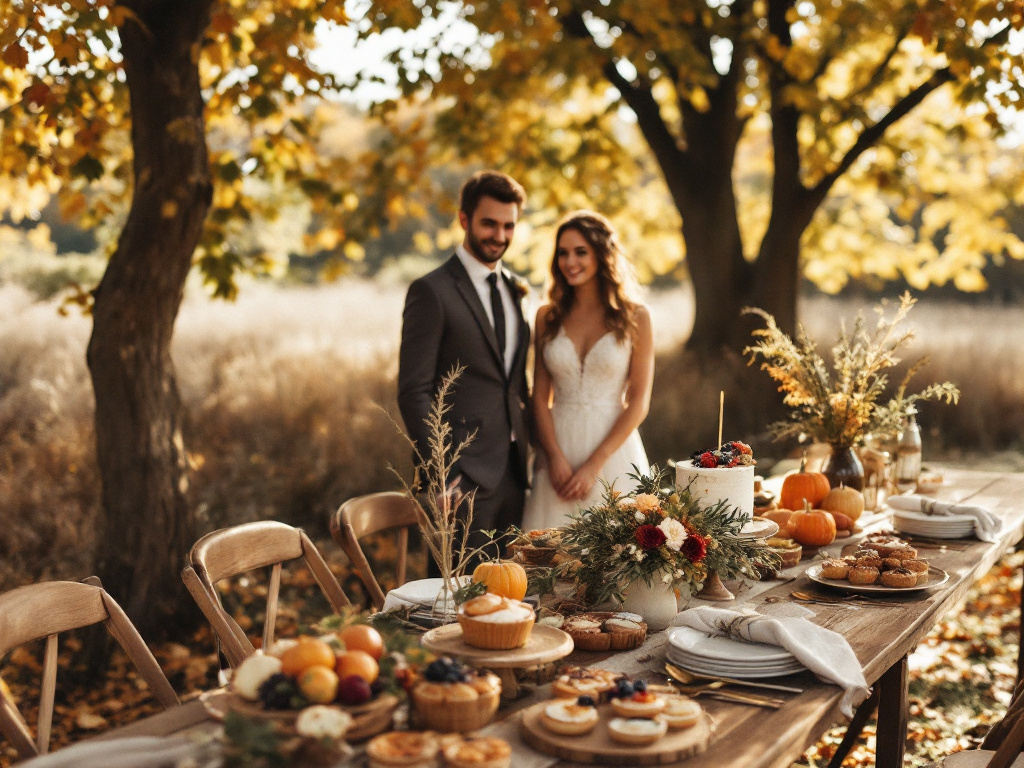 Autumn table with seasonal desserts like pumpkin pies and donuts for a fall wedding
