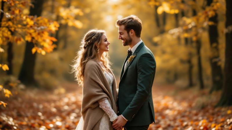 Couple in autumn forest with golden leaves, autumn wedding planning 2026