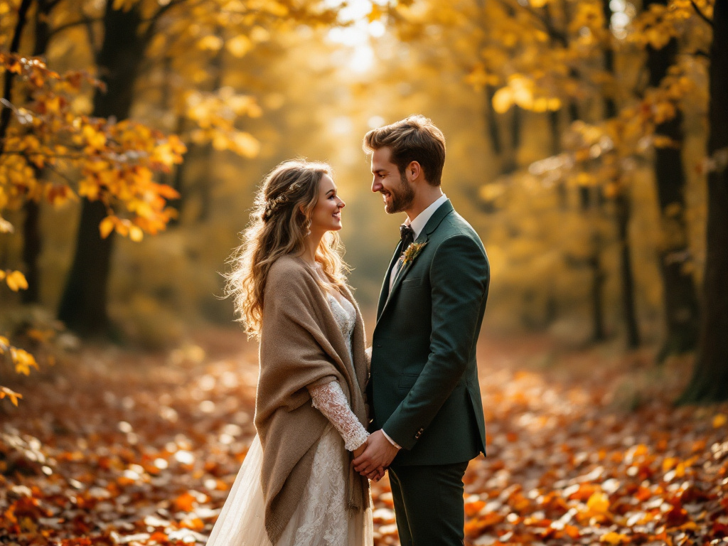 Couple in autumn forest with golden leaves, autumn wedding planning 2026