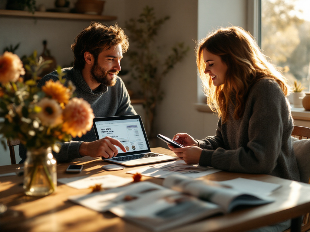 Stel bespreekt bruiloftbudget aan keukentafel met seizoensbloemen en spreadsheet