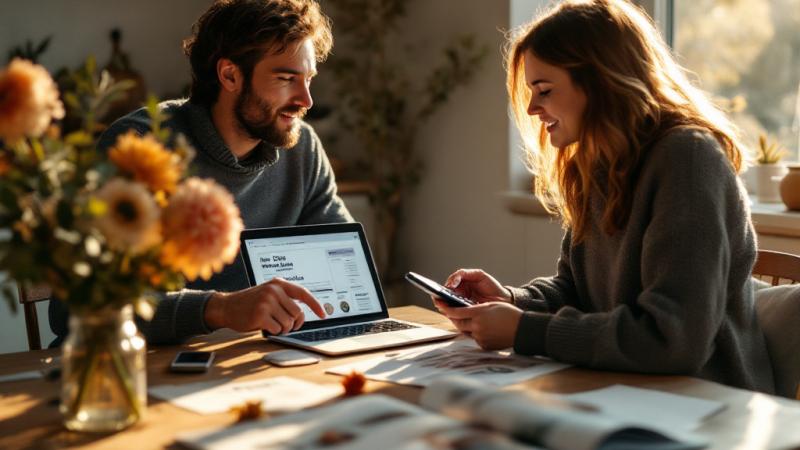 Stel bespreekt bruiloftbudget aan keukentafel met seizoensbloemen en spreadsheet