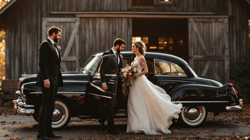 Bruidspaar stapt uit trouwauto bij een Nederlandse trouwlocatie in de herfst
