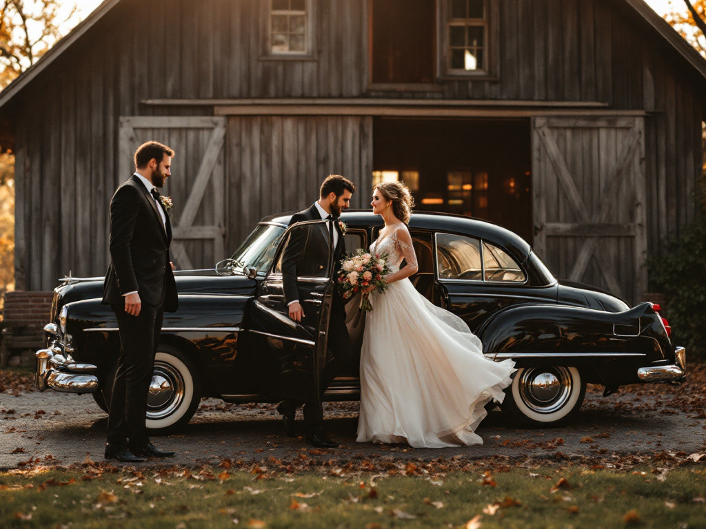 Bride and groom stepping out of a wedding car at a Dutch wedding venue in autumn