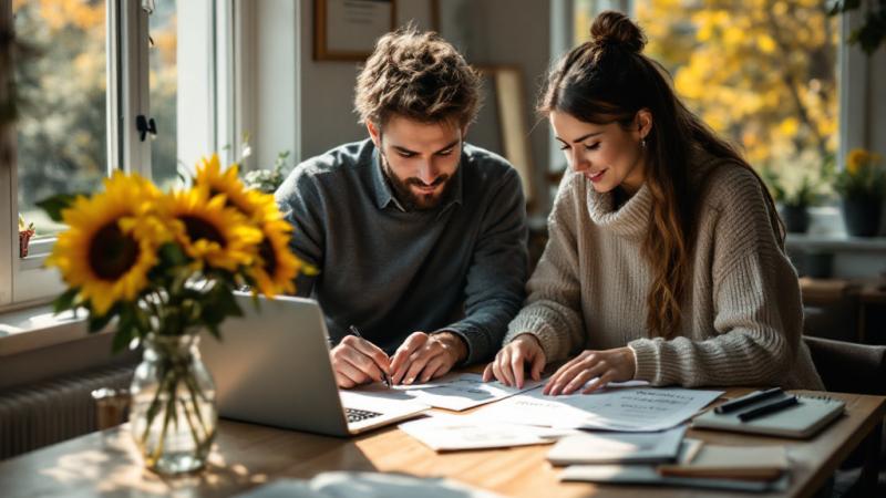 Couple reviewing wedding invitation wording examples at a wooden table with flowers