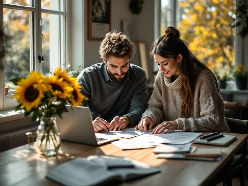 Couple reviewing wedding invitation wording examples at a wooden table with flowers